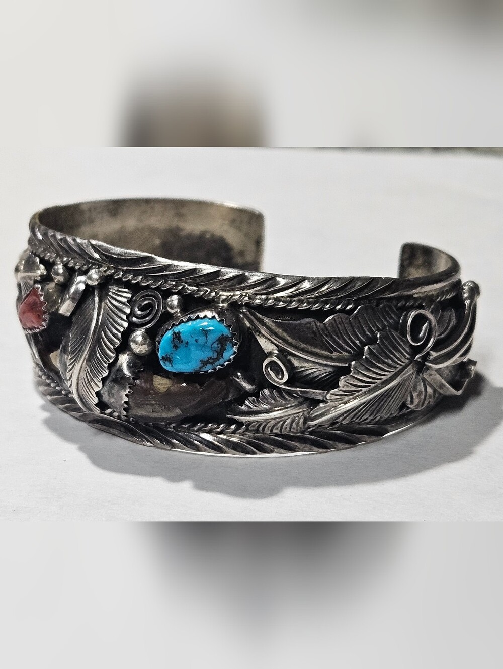 Vintage Handmade Sterling Silver Navajo Cuff Bracelet Turquoise Coral Stones - Picture 12 of 16